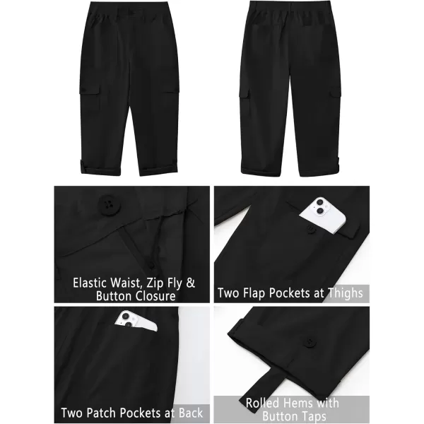 GRAPENT Cargo Capri Pants for Women High Waisted Relaxed Fit Elastic Knit Waist Casual Capris Trousers Cropped PantsBlack