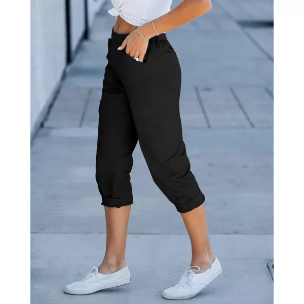 GRAPENT Cargo Capri Pants for Women High Waisted Relaxed Fit Elastic Knit Waist Casual Capris Trousers Cropped PantsBlack