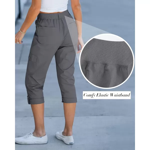 GRAPENT Cargo Capri Pants for Women High Waisted Relaxed Fit Elastic Knit Waist Casual Capris Trousers Cropped PantsDark Gray
