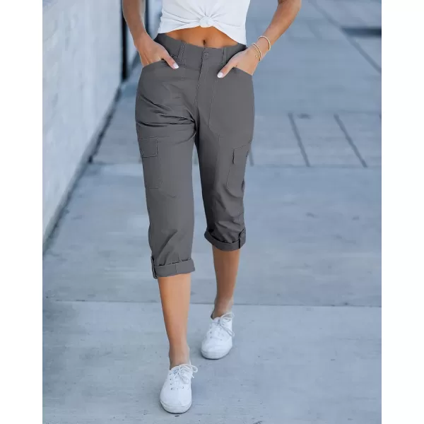 GRAPENT Cargo Capri Pants for Women High Waisted Relaxed Fit Elastic Knit Waist Casual Capris Trousers Cropped PantsDark Gray