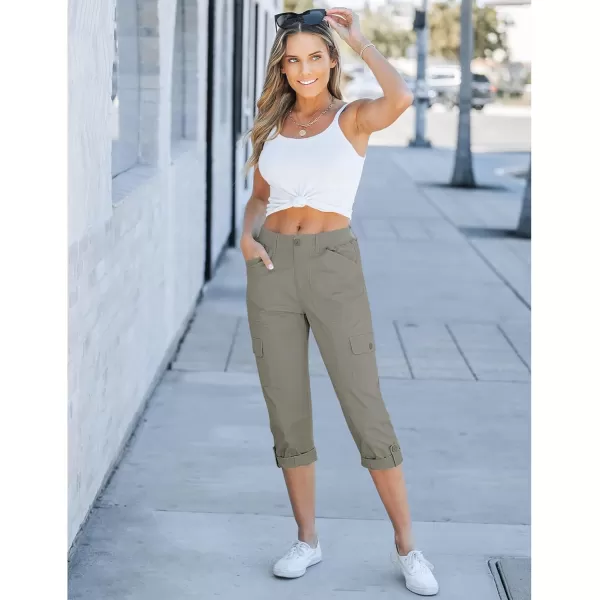 GRAPENT Cargo Capri Pants for Women High Waisted Relaxed Fit Elastic Knit Waist Casual Capris Trousers Cropped PantsDusty Olive