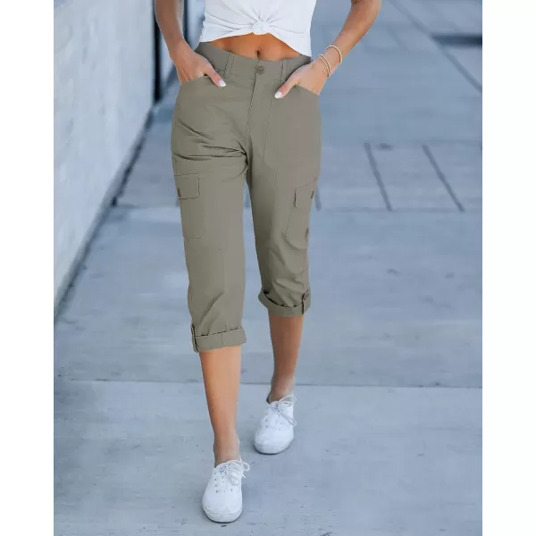 GRAPENT Cargo Capri Pants for Women High Waisted Relaxed Fit Elastic Knit Waist Casual Capris Trousers Cropped PantsDusty Olive