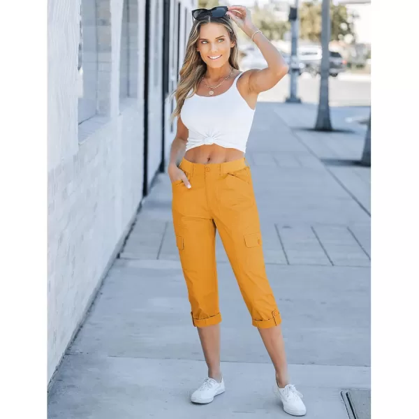 GRAPENT Cargo Capri Pants for Women High Waisted Relaxed Fit Elastic Knit Waist Casual Capris Trousers Cropped PantsGolden Rod