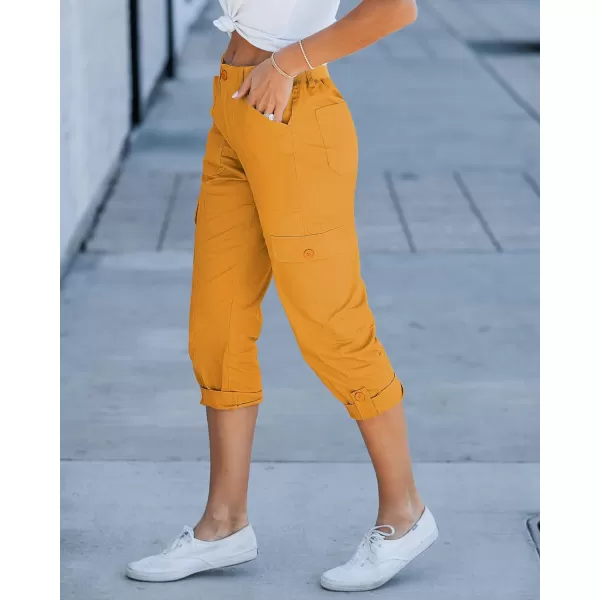 GRAPENT Cargo Capri Pants for Women High Waisted Relaxed Fit Elastic Knit Waist Casual Capris Trousers Cropped PantsGolden Rod