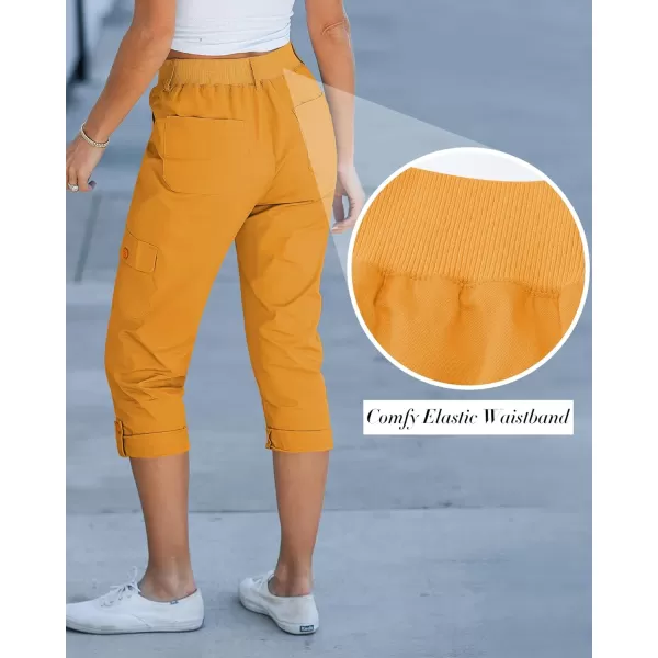 GRAPENT Cargo Capri Pants for Women High Waisted Relaxed Fit Elastic Knit Waist Casual Capris Trousers Cropped PantsGolden Rod