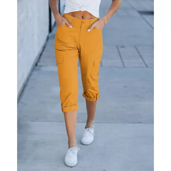 GRAPENT Cargo Capri Pants for Women High Waisted Relaxed Fit Elastic Knit Waist Casual Capris Trousers Cropped PantsGolden Rod