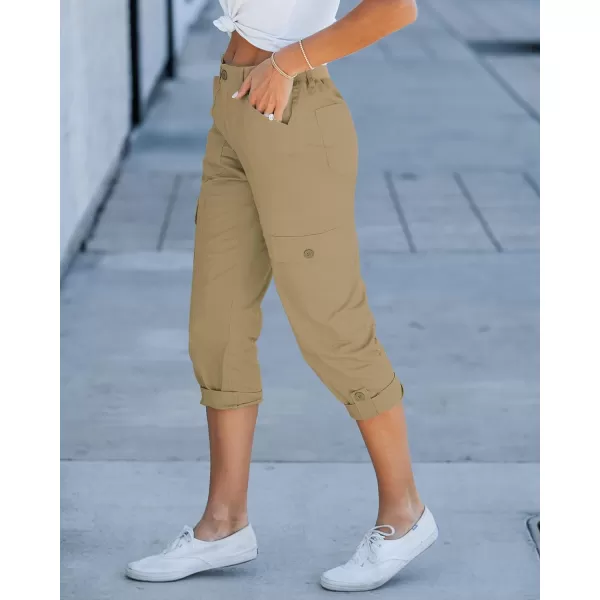 GRAPENT Cargo Capri Pants for Women High Waisted Relaxed Fit Elastic Knit Waist Casual Capris Trousers Cropped PantsKhaki