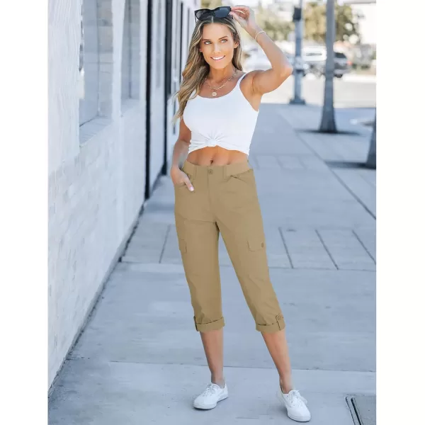 GRAPENT Cargo Capri Pants for Women High Waisted Relaxed Fit Elastic Knit Waist Casual Capris Trousers Cropped PantsKhaki