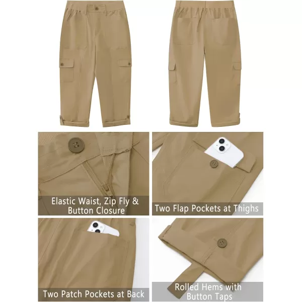 GRAPENT Cargo Capri Pants for Women High Waisted Relaxed Fit Elastic Knit Waist Casual Capris Trousers Cropped PantsKhaki