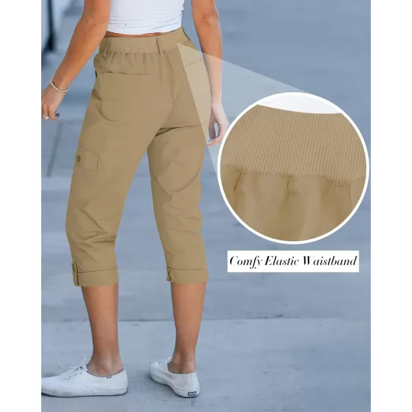 GRAPENT Cargo Capri Pants for Women High Waisted Relaxed Fit Elastic Knit Waist Casual Capris Trousers Cropped PantsKhaki