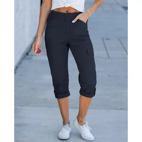 GRAPENT Cargo Capri Pants for Women High Waisted Relaxed Fit Elastic Knit Waist Casual Capris Trousers Cropped PantsNavy Blue