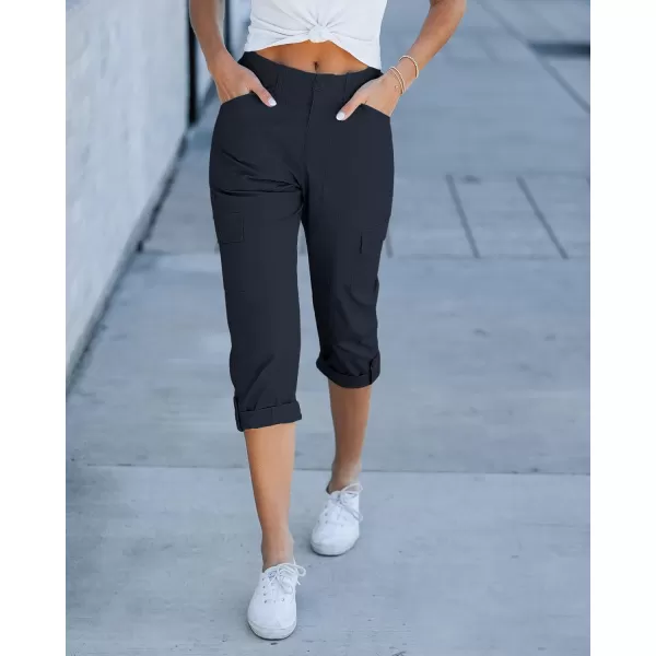 GRAPENT Cargo Capri Pants for Women High Waisted Relaxed Fit Elastic Knit Waist Casual Capris Trousers Cropped PantsNavy Blue
