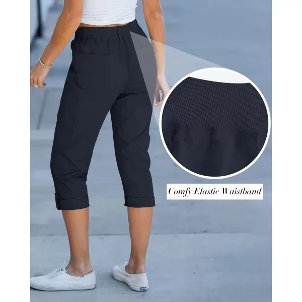 GRAPENT Cargo Capri Pants for Women High Waisted Relaxed Fit Elastic Knit Waist Casual Capris Trousers Cropped PantsNavy Blue