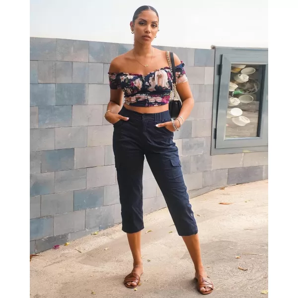 GRAPENT Cargo Capri Pants for Women High Waisted Relaxed Fit Elastic Knit Waist Casual Capris Trousers Cropped PantsNavy Blue