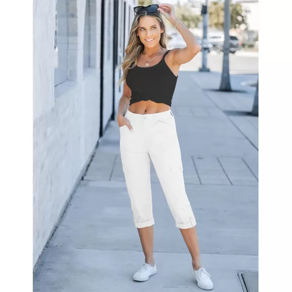 GRAPENT Cargo Capri Pants for Women High Waisted Relaxed Fit Elastic Knit Waist Casual Capris Trousers Cropped PantsOffwhite