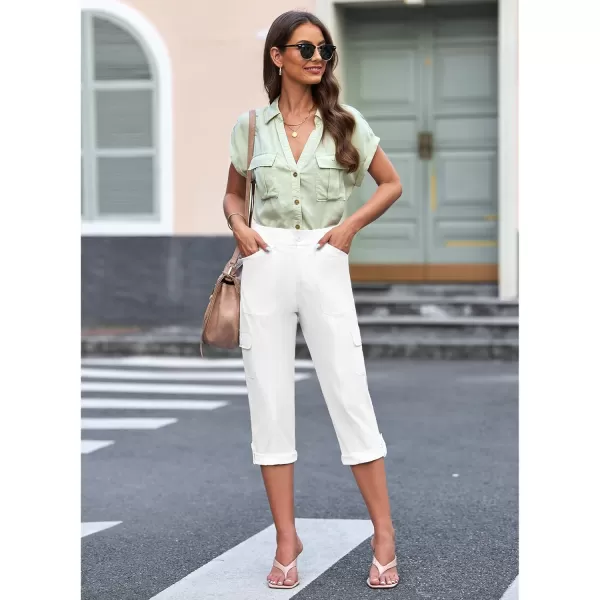 GRAPENT Cargo Capri Pants for Women High Waisted Relaxed Fit Elastic Knit Waist Casual Capris Trousers Cropped PantsOffwhite
