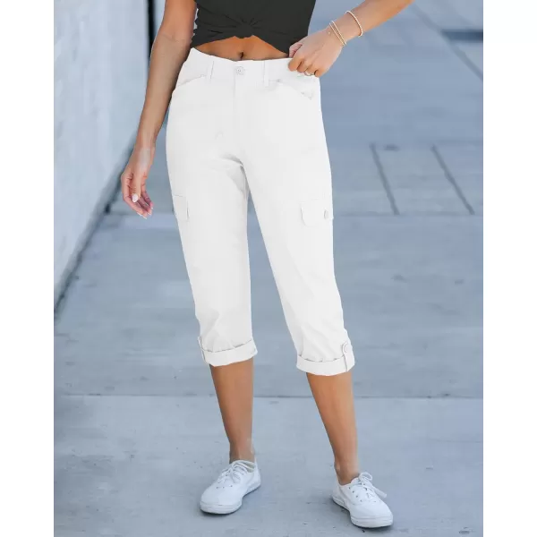 GRAPENT Cargo Capri Pants for Women High Waisted Relaxed Fit Elastic Knit Waist Casual Capris Trousers Cropped PantsOffwhite
