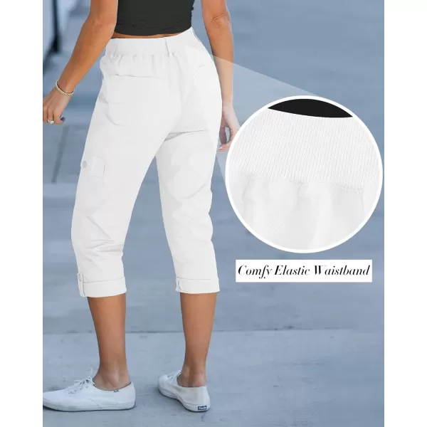 GRAPENT Cargo Capri Pants for Women High Waisted Relaxed Fit Elastic Knit Waist Casual Capris Trousers Cropped PantsOffwhite