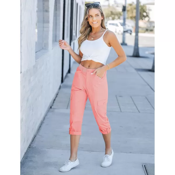 GRAPENT Cargo Capri Pants for Women High Waisted Relaxed Fit Elastic Knit Waist Casual Capris Trousers Cropped PantsPink