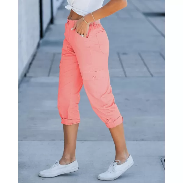 GRAPENT Cargo Capri Pants for Women High Waisted Relaxed Fit Elastic Knit Waist Casual Capris Trousers Cropped PantsPink