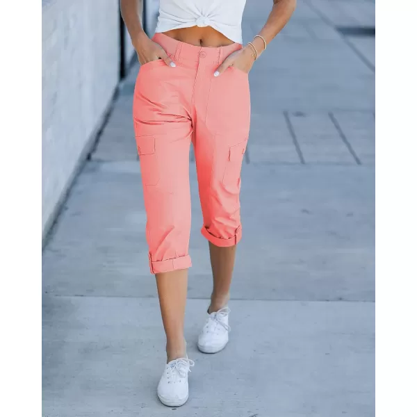 GRAPENT Cargo Capri Pants for Women High Waisted Relaxed Fit Elastic Knit Waist Casual Capris Trousers Cropped PantsPink