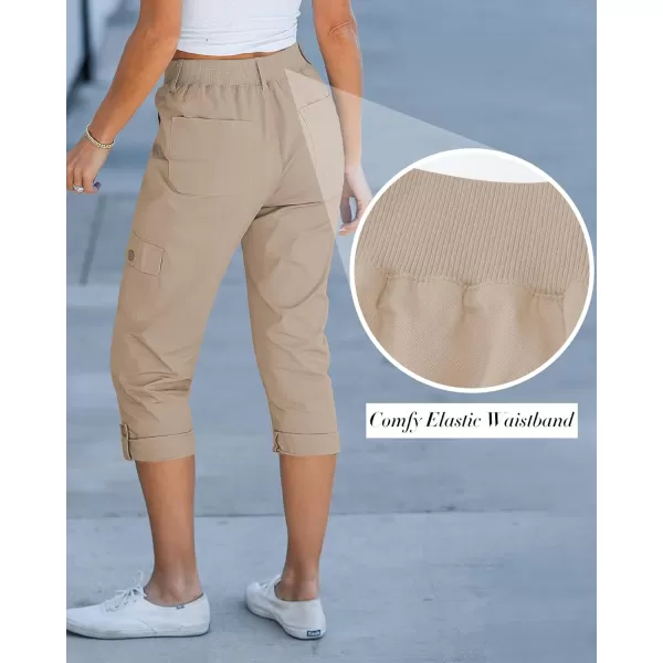 GRAPENT Cargo Capri Pants for Women High Waisted Relaxed Fit Elastic Knit Waist Casual Capris Trousers Cropped PantsSafari