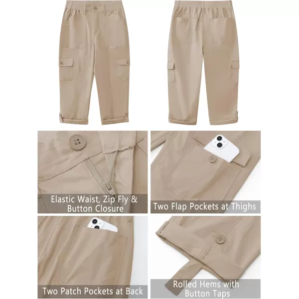 GRAPENT Cargo Capri Pants for Women High Waisted Relaxed Fit Elastic Knit Waist Casual Capris Trousers Cropped PantsSafari