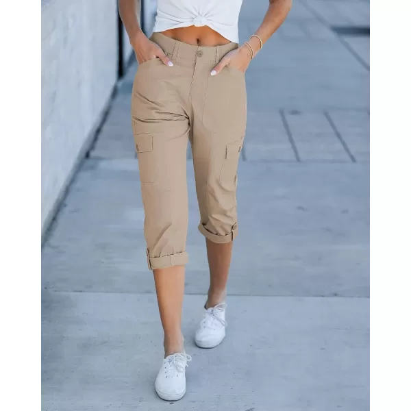 GRAPENT Cargo Capri Pants for Women High Waisted Relaxed Fit Elastic Knit Waist Casual Capris Trousers Cropped PantsSafari