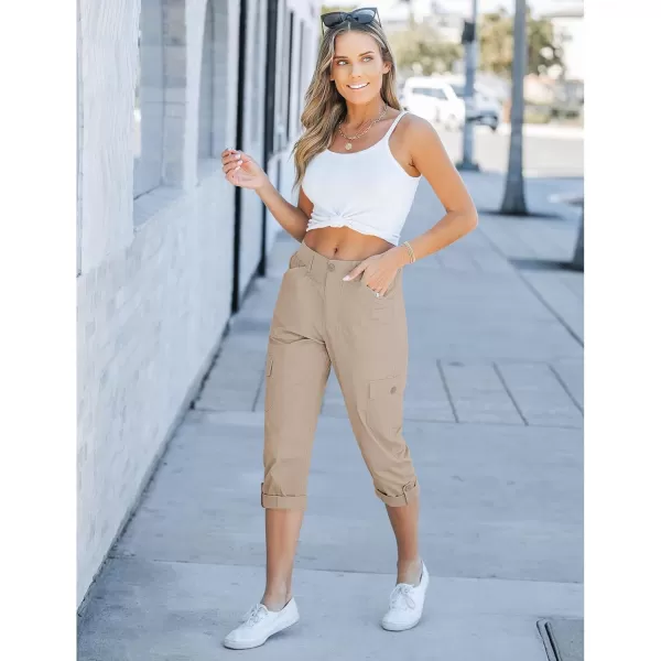 GRAPENT Cargo Capri Pants for Women High Waisted Relaxed Fit Elastic Knit Waist Casual Capris Trousers Cropped PantsSafari