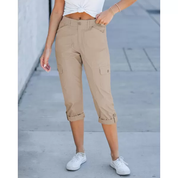 GRAPENT Cargo Capri Pants for Women High Waisted Relaxed Fit Elastic Knit Waist Casual Capris Trousers Cropped PantsSafari