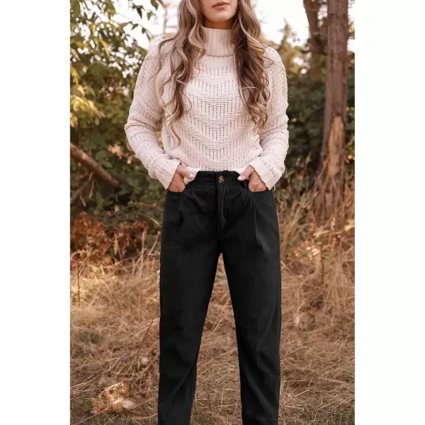 GRAPENT Corduroy Pleated Pants for Women Casual Stretchy High Waisted Straight Leg Trousers Loose Fit Slacks with PocketsBlack