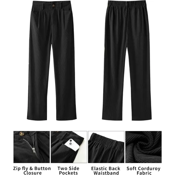 GRAPENT Corduroy Pleated Pants for Women Casual Stretchy High Waisted Straight Leg Trousers Loose Fit Slacks with PocketsBlack