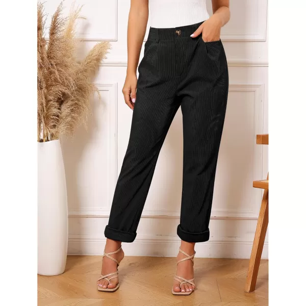 GRAPENT Corduroy Pleated Pants for Women Casual Stretchy High Waisted Straight Leg Trousers Loose Fit Slacks with PocketsBlack
