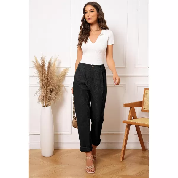 GRAPENT Corduroy Pleated Pants for Women Casual Stretchy High Waisted Straight Leg Trousers Loose Fit Slacks with PocketsBlack