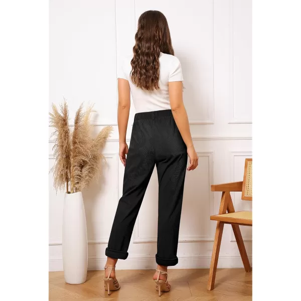 GRAPENT Corduroy Pleated Pants for Women Casual Stretchy High Waisted Straight Leg Trousers Loose Fit Slacks with PocketsBlack