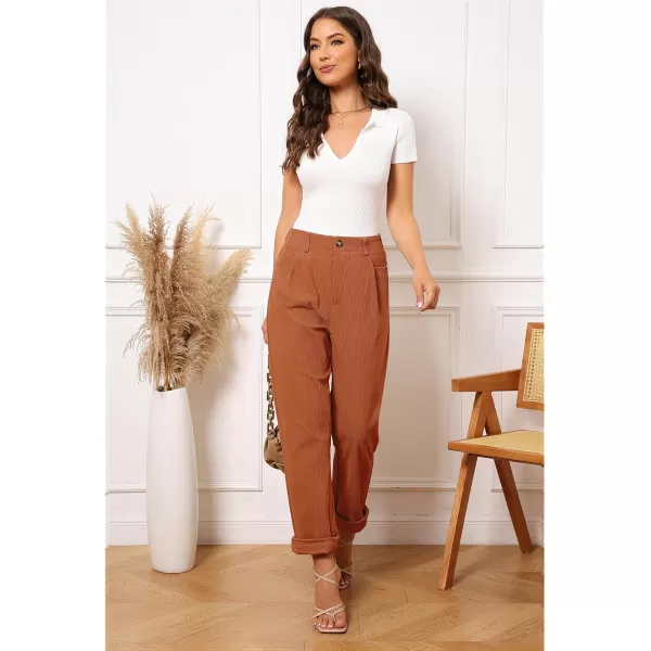 GRAPENT Corduroy Pleated Pants for Women Casual Stretchy High Waisted Straight Leg Trousers Loose Fit Slacks with PocketsBurnt Orange