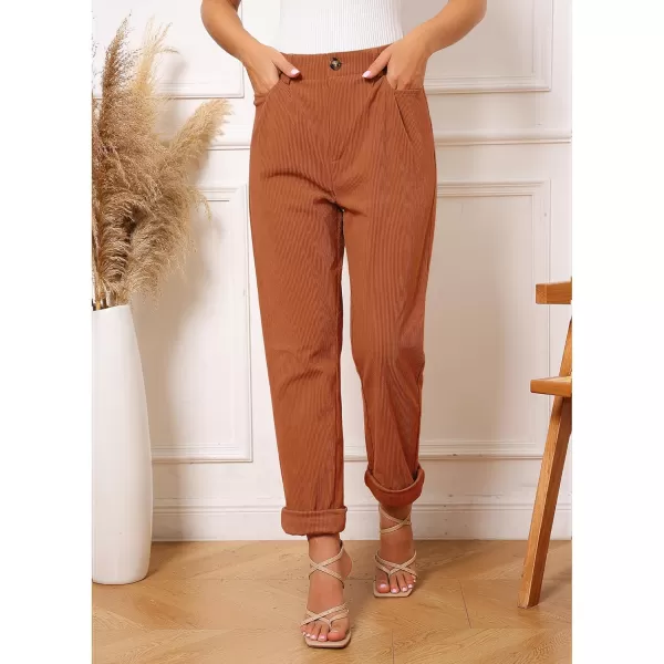 GRAPENT Corduroy Pleated Pants for Women Casual Stretchy High Waisted Straight Leg Trousers Loose Fit Slacks with PocketsBurnt Orange