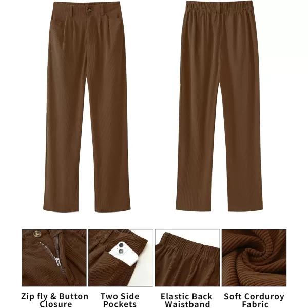 GRAPENT Corduroy Pleated Pants for Women Casual Stretchy High Waisted Straight Leg Trousers Loose Fit Slacks with PocketsChocolate Brown