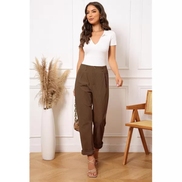 GRAPENT Corduroy Pleated Pants for Women Casual Stretchy High Waisted Straight Leg Trousers Loose Fit Slacks with PocketsChocolate Brown