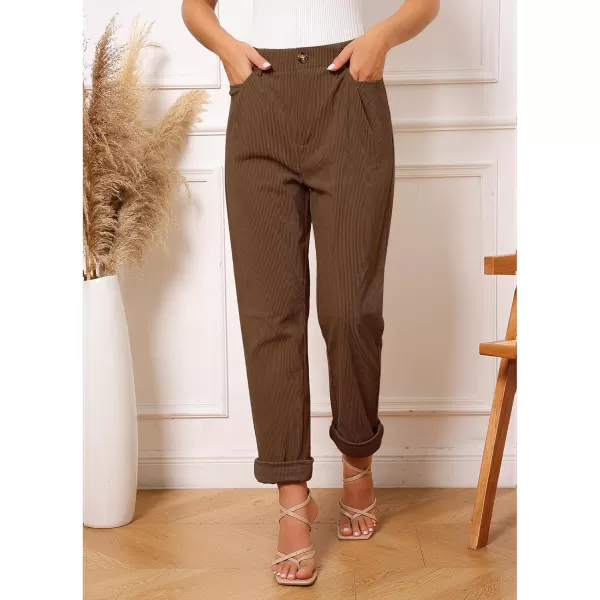 GRAPENT Corduroy Pleated Pants for Women Casual Stretchy High Waisted Straight Leg Trousers Loose Fit Slacks with PocketsChocolate Brown