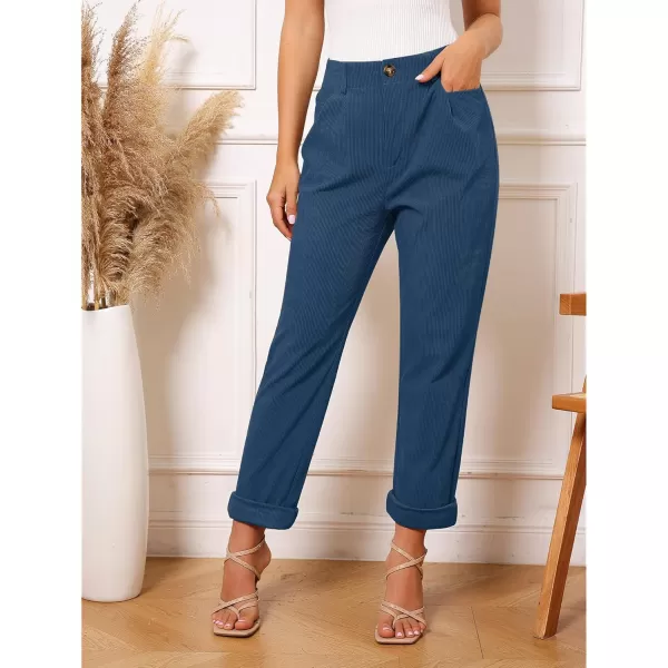 GRAPENT Corduroy Pleated Pants for Women Casual Stretchy High Waisted Straight Leg Trousers Loose Fit Slacks with PocketsDark Blue
