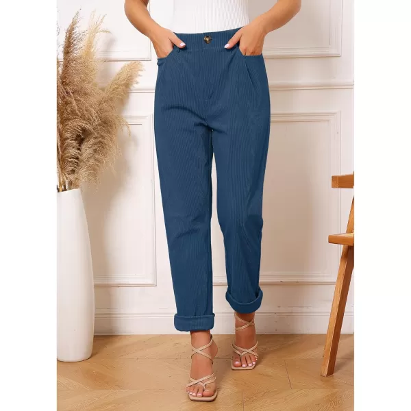 GRAPENT Corduroy Pleated Pants for Women Casual Stretchy High Waisted Straight Leg Trousers Loose Fit Slacks with PocketsDark Blue
