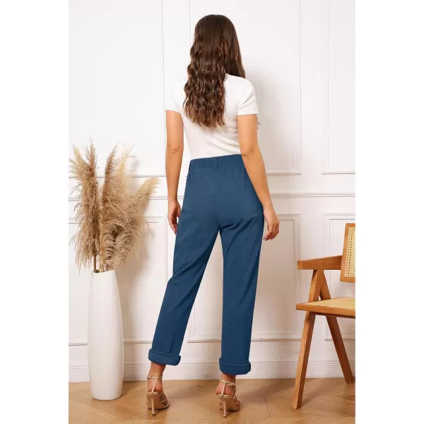 GRAPENT Corduroy Pleated Pants for Women Casual Stretchy High Waisted Straight Leg Trousers Loose Fit Slacks with PocketsDark Blue
