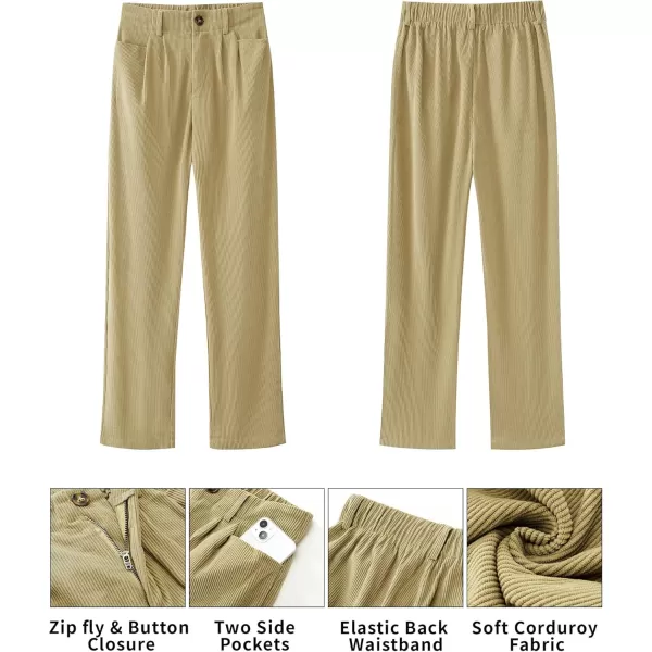 GRAPENT Corduroy Pleated Pants for Women Casual Stretchy High Waisted Straight Leg Trousers Loose Fit Slacks with PocketsKhaki