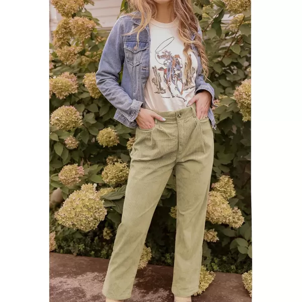 GRAPENT Corduroy Pleated Pants for Women Casual Stretchy High Waisted Straight Leg Trousers Loose Fit Slacks with PocketsKhaki
