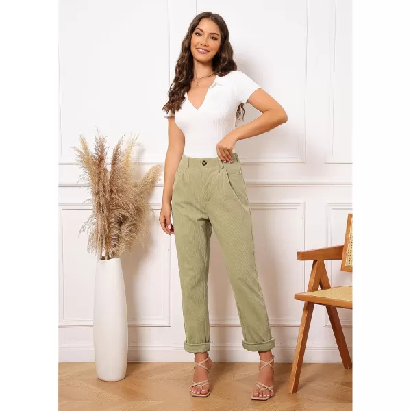 GRAPENT Corduroy Pleated Pants for Women Casual Stretchy High Waisted Straight Leg Trousers Loose Fit Slacks with PocketsKhaki