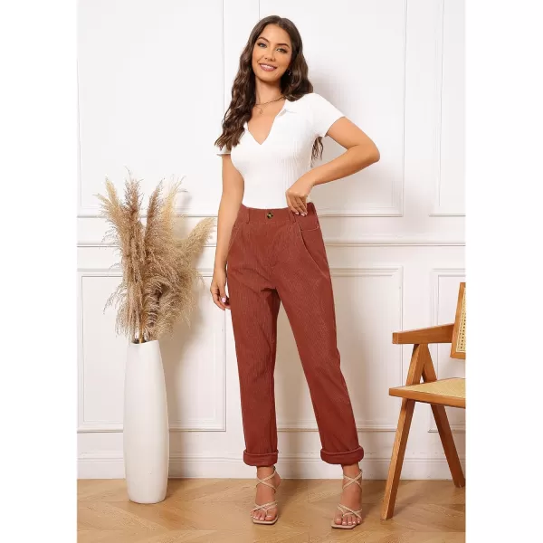 GRAPENT Corduroy Pleated Pants for Women Casual Stretchy High Waisted Straight Leg Trousers Loose Fit Slacks with PocketsRust