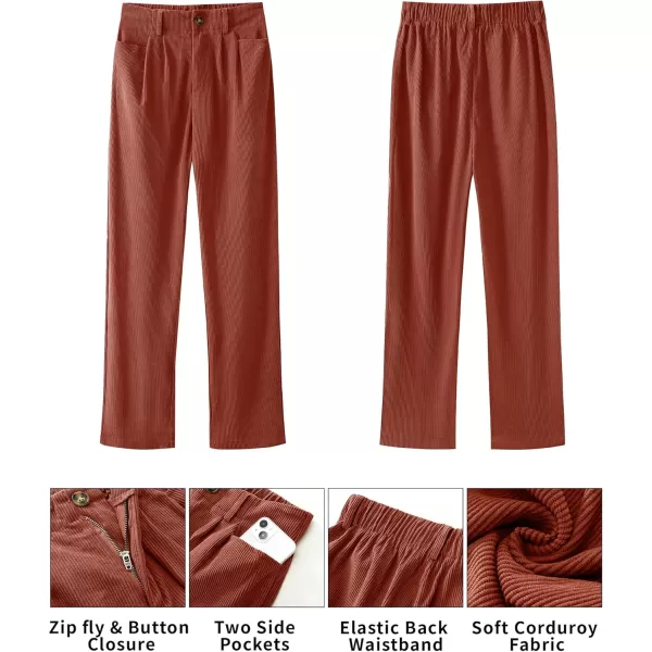 GRAPENT Corduroy Pleated Pants for Women Casual Stretchy High Waisted Straight Leg Trousers Loose Fit Slacks with PocketsRust