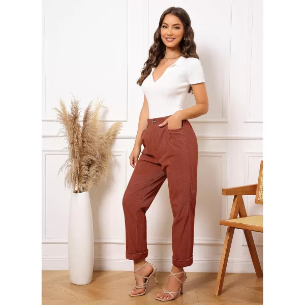 GRAPENT Corduroy Pleated Pants for Women Casual Stretchy High Waisted Straight Leg Trousers Loose Fit Slacks with PocketsRust