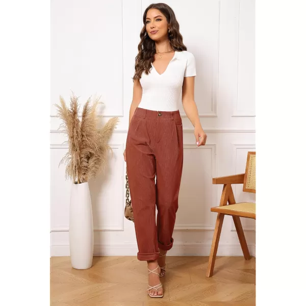GRAPENT Corduroy Pleated Pants for Women Casual Stretchy High Waisted Straight Leg Trousers Loose Fit Slacks with PocketsRust